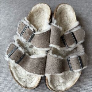 Birkenstock Taupe Shearling Buckle Sandals